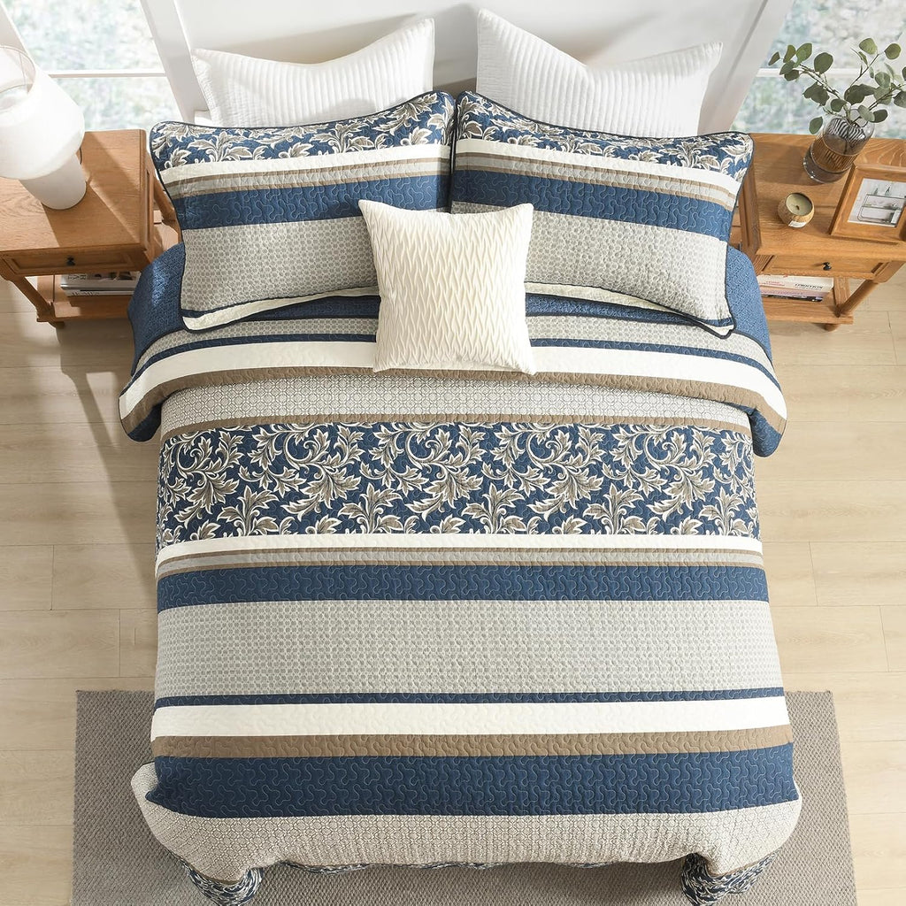 Uniclinens 100% Cotton Quilts Queen Size, Lightweight Botanical Striped Queen Quilt Bedding Set, Vintage Chic Reversible Quilted Bedspreads Coverlet Set, All Season, 3 Pieces, Navy Blue/Gray/Kharki