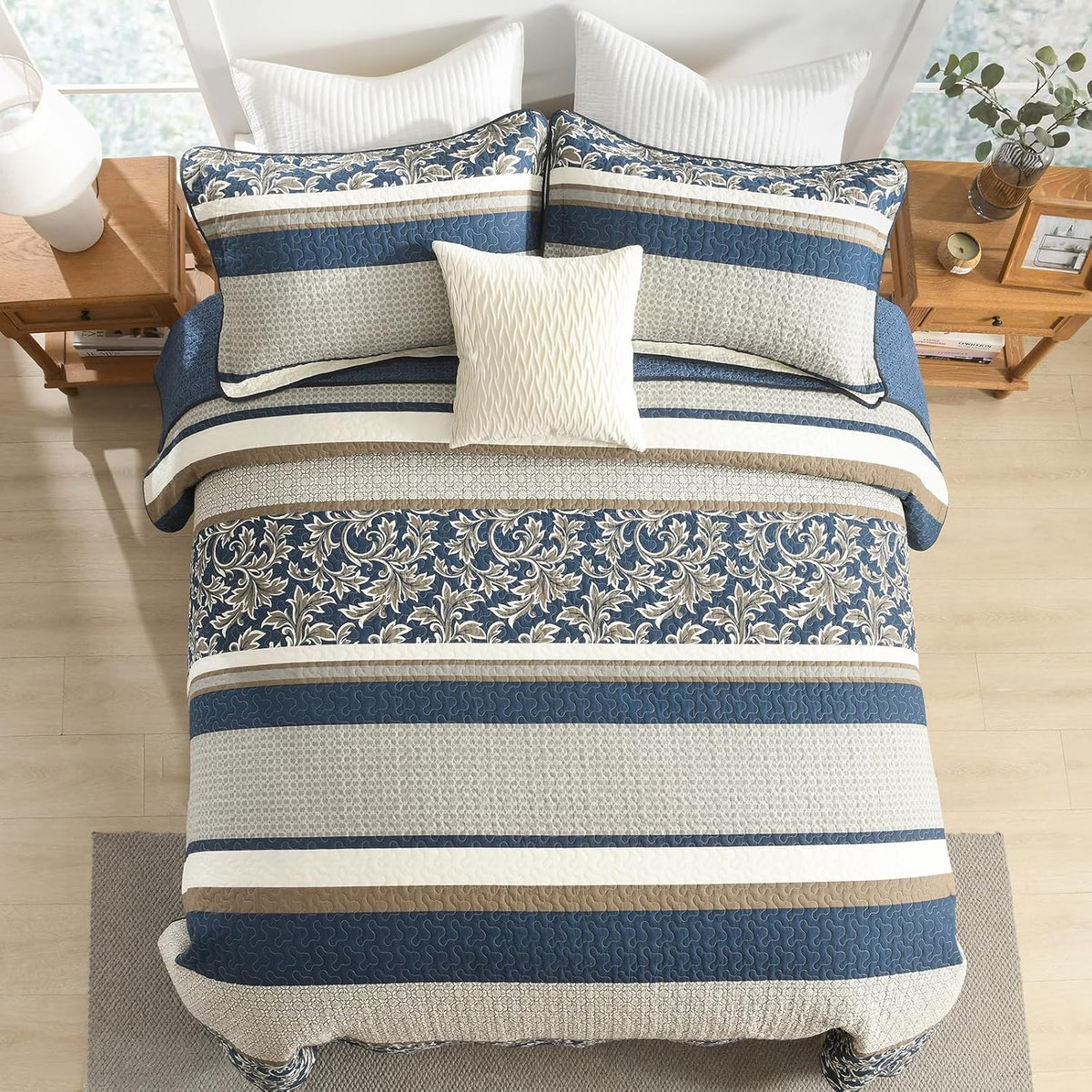 Uniclinens 100% Cotton Quilts Queen Size, Lightweight Botanical Striped Queen Quilt Bedding Set, Vintage Chic Reversible Quilted Bedspreads Coverlet Set, All Season, 3 Pieces, Navy Blue/Gray/Kharki