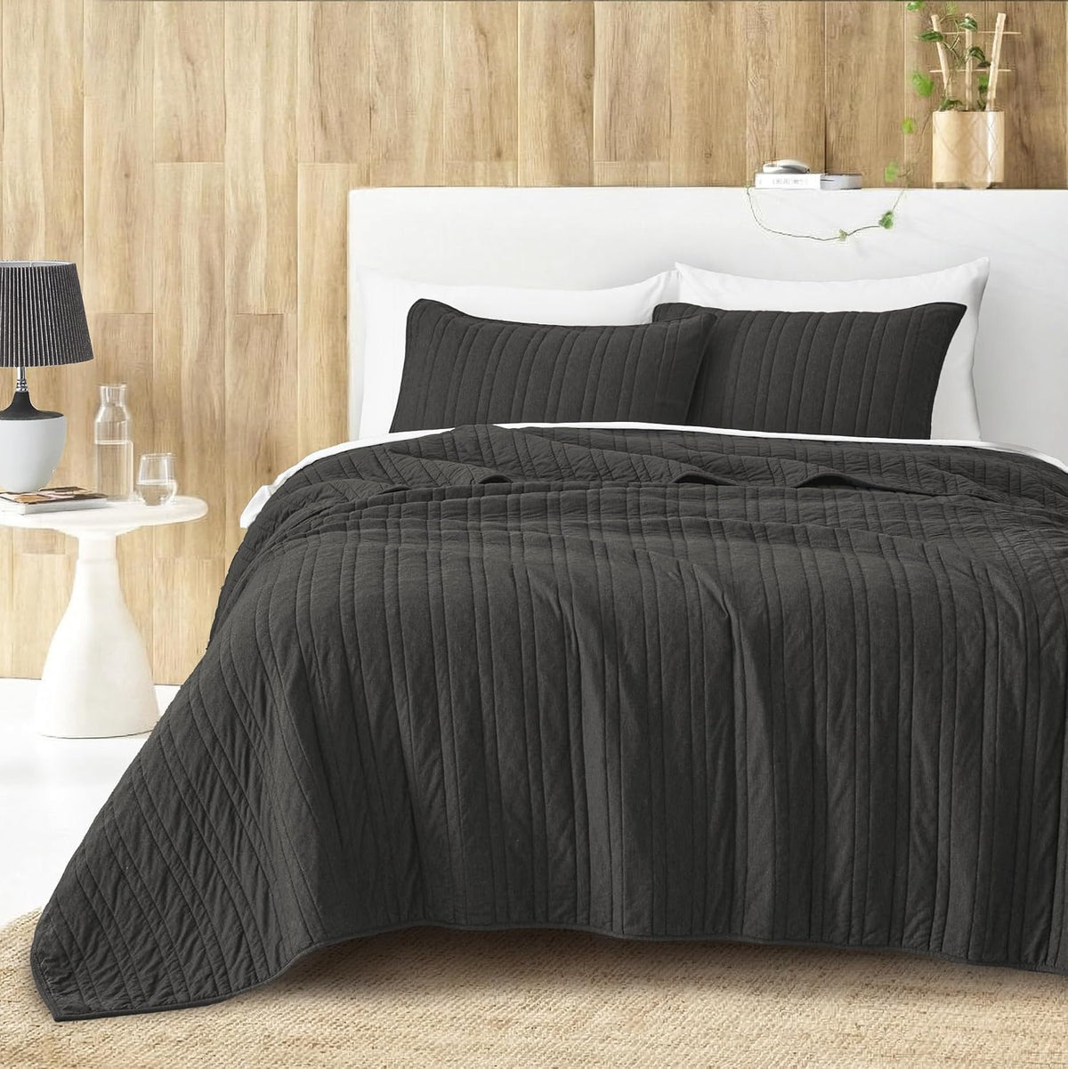 Wonderful 100% Cotton Jersey Knit Quilt Set - Breathable & Hypoallergenic Lightweight Dark Grey Quilt Queen, 3 Piece Channel Stitched All-Season Use Blanket Bedspread & Coverlet Bedding Set, 94'x94' | Safe Sleep