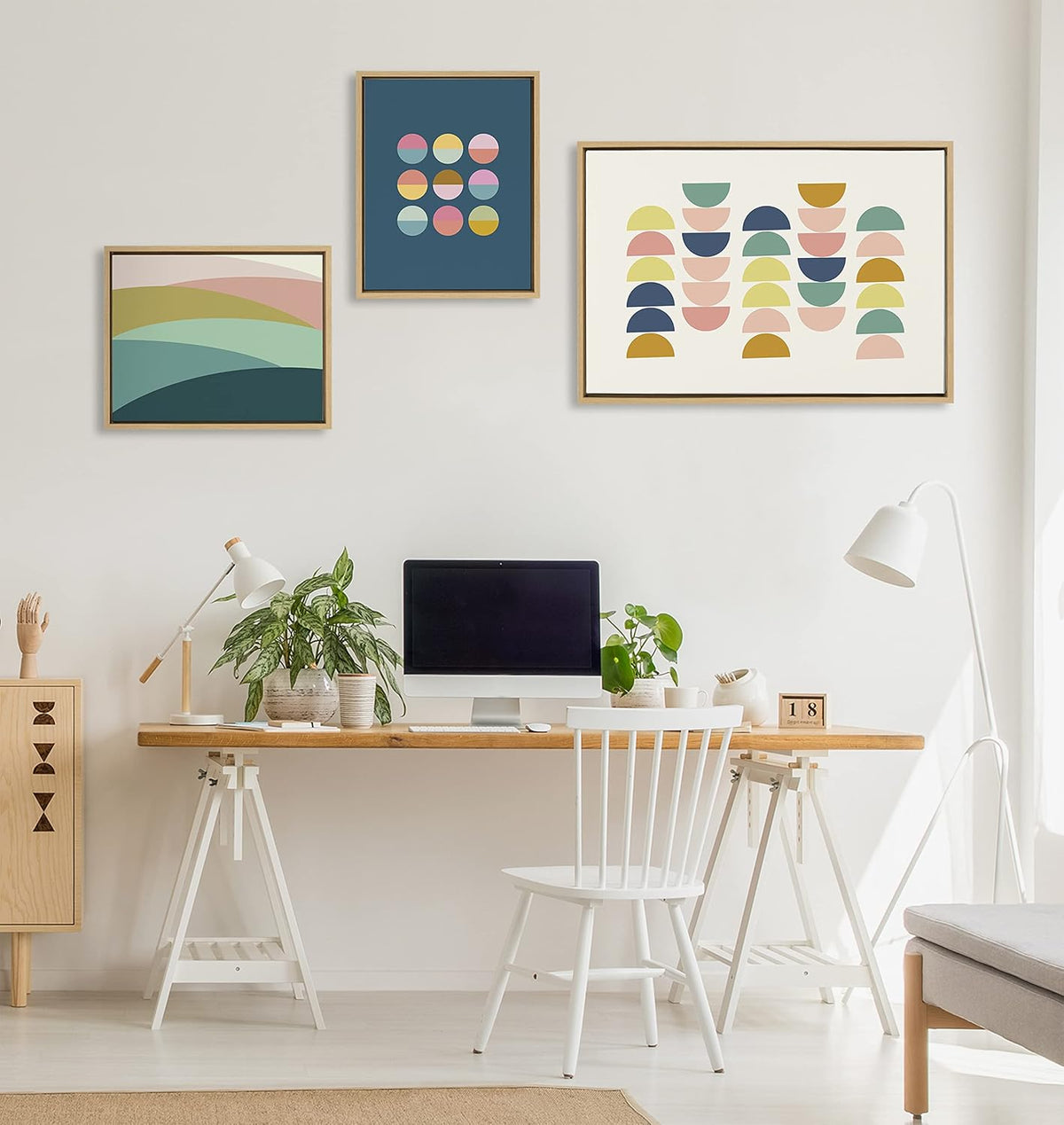 Kate and Laurel Sylvie Simple Shapes in Soft Colors Framed Canvas Wall Art Set by Apricot and Birch; Set of 3; two 16x20 and one 23x33 Natural Finish Frames; Decorative Abstract Art Set for Wall