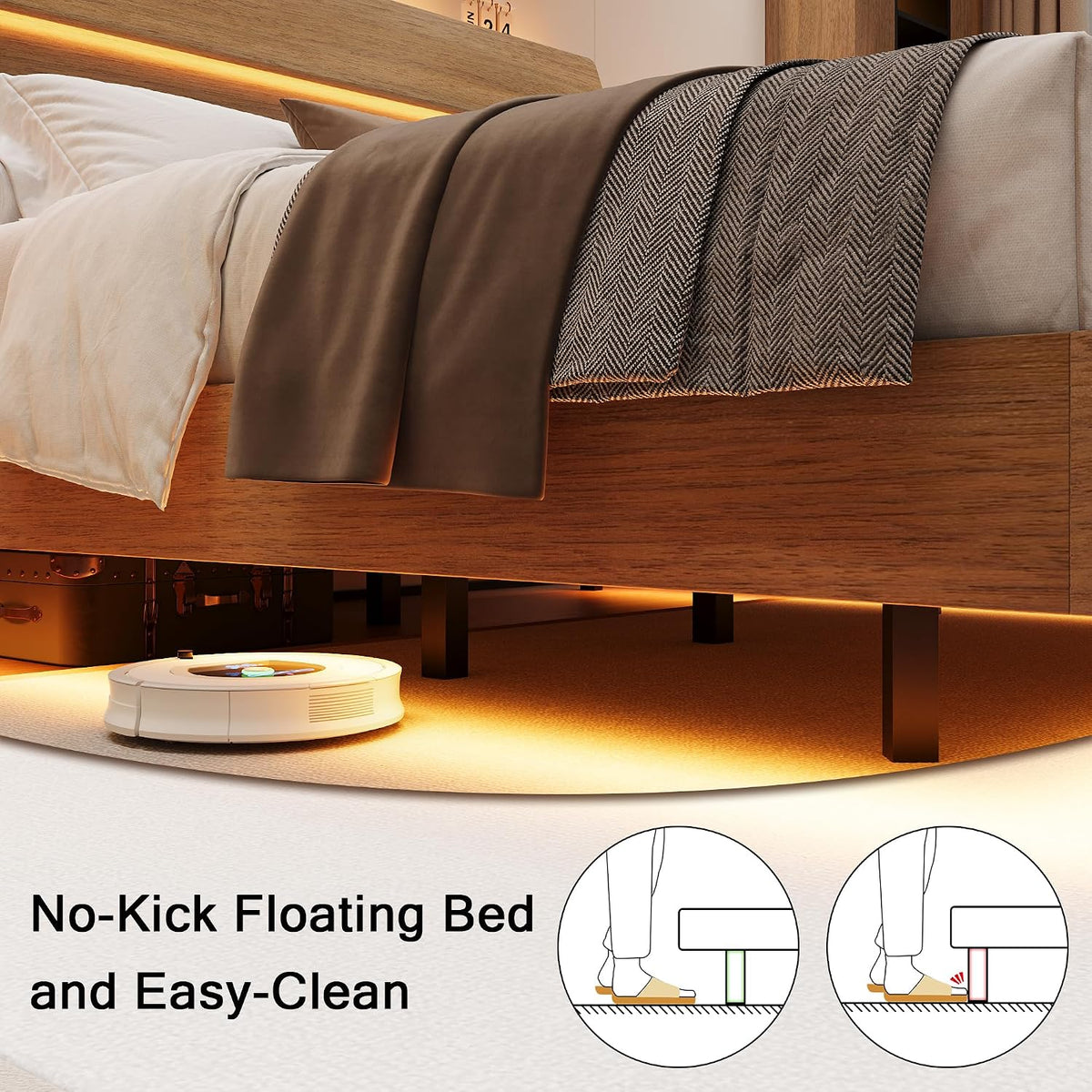 Einhomn Floating Bed Frame Full with Led Lights and Charging Station, Full Size Platform Bed Frame w/Storage Headboard, Heavy Slats Support, No Box Spring Needed, Noise Free, Easy Assembly, Walnut