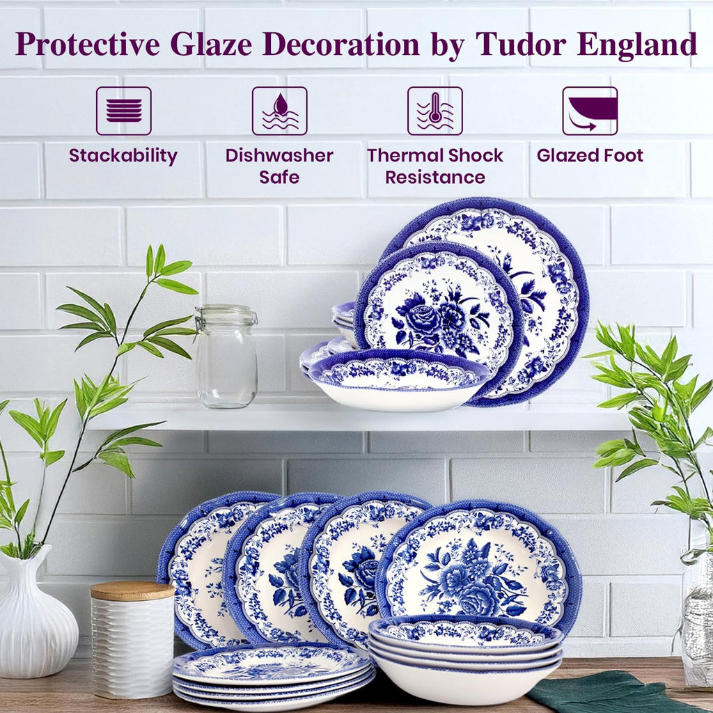 Tudor Royal 12-Piece Porcelain Round Dinnerware Set, Service for 4, Victoria Blue Design, Blue Floral, Plates Bowls Dishes, Glossy, Premium Quality Tableware, Unique Pattern