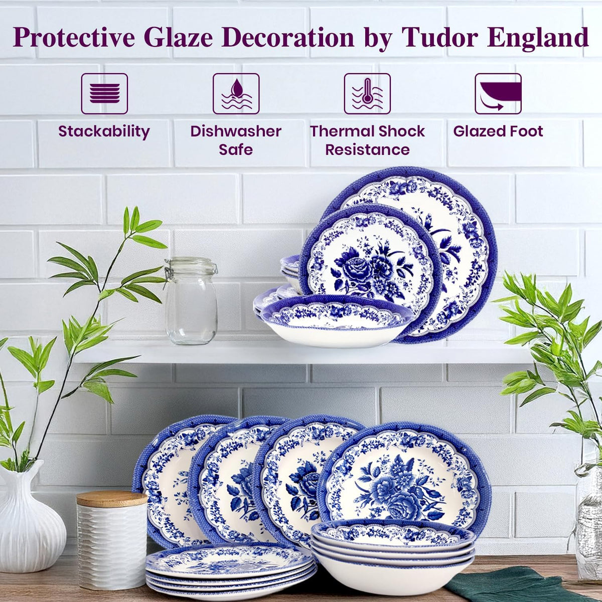 Tudor Royal 12-Piece Porcelain Round Dinnerware Set, Service for 4, Victoria Blue Design, Blue Floral, Plates Bowls Dishes, Glossy, Premium Quality Tableware, Unique Pattern
