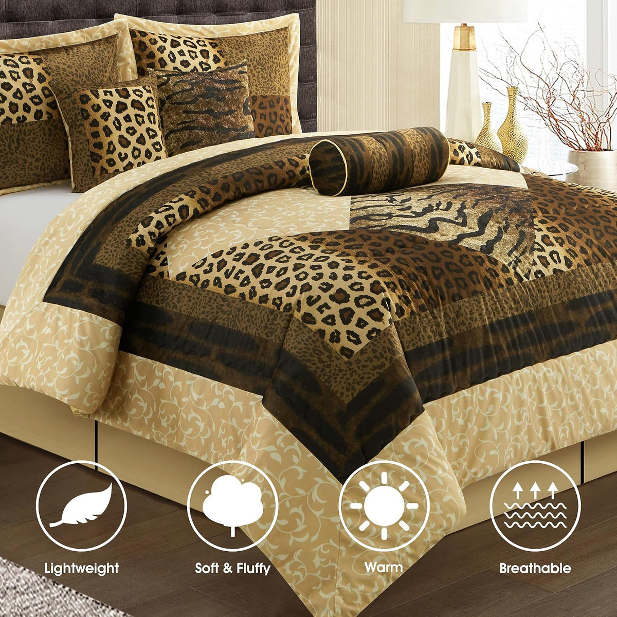 LANCO MODERN LIFESTYLE 7 Piece Queen Comforter Set, Brown Gold, Leopard Short Plush Print, African Safari Themed Bed Set for All Season, Include Comforter, Bedskirt, Pillow Shams and Decor Pillows