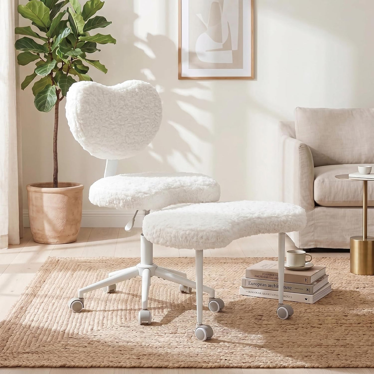 Cross Legged Office Chair with Wheels, 360 Swivel Height-Adjustable Meditation Chair with Lumbar Support, Beige