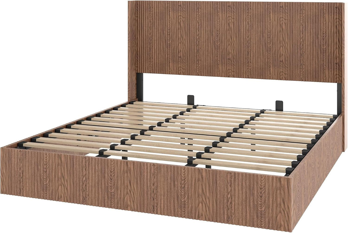 Lift Up Storage Bed King Size, King Bed Frame with Headboard and Lift Storage System, Wood Headboard with Wing-Back and Convex Groove Board Design