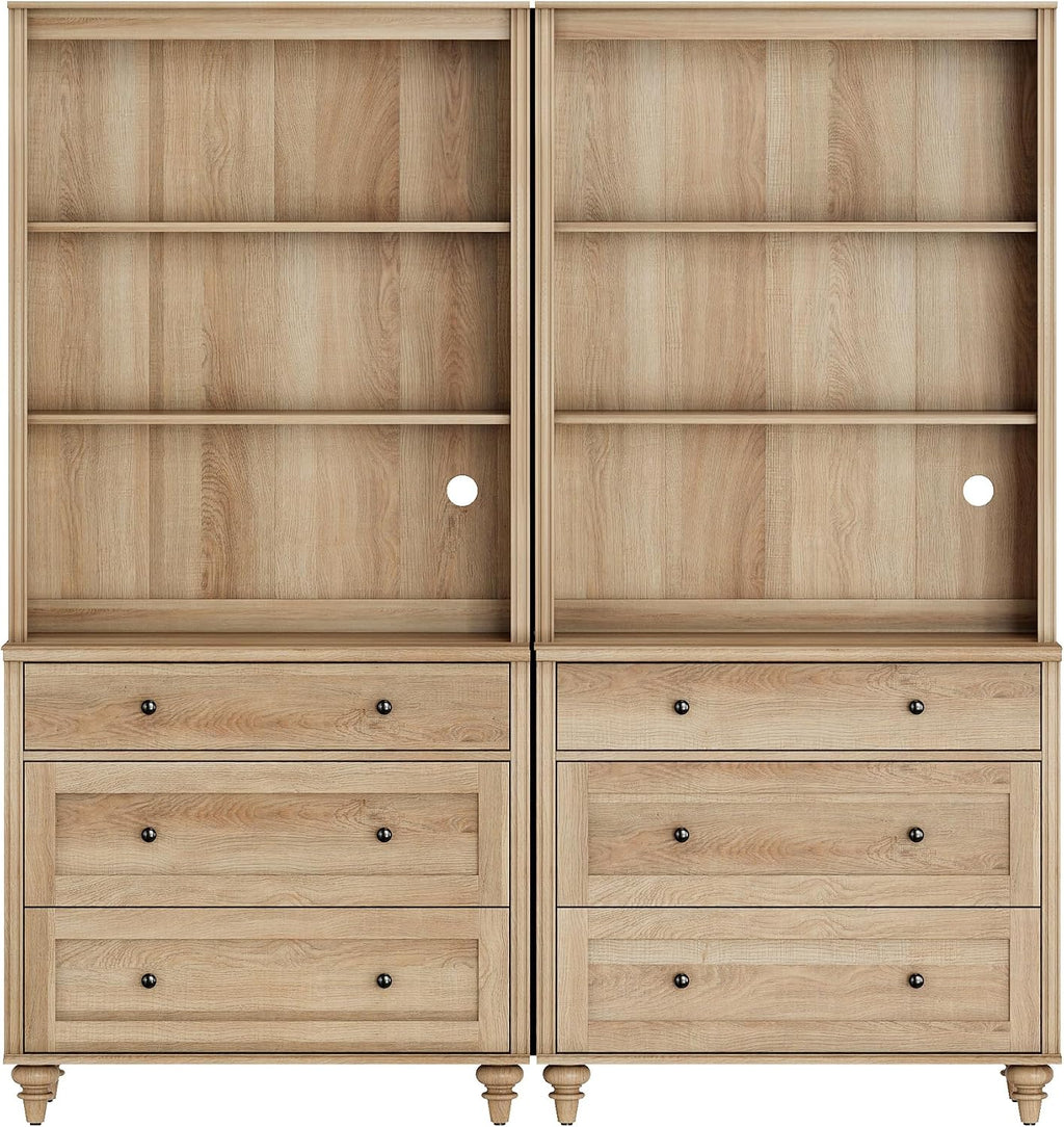 WAMPAT 3 Tier Bookshelf with 3 Drawers, 72' Tall Bookcase Large Farmhouse Display Book Case Shelf with 3-Tier Open Book Shelfs，Library Wood Bookshelves for Living Room,Kitchen, Oak(2PCS)