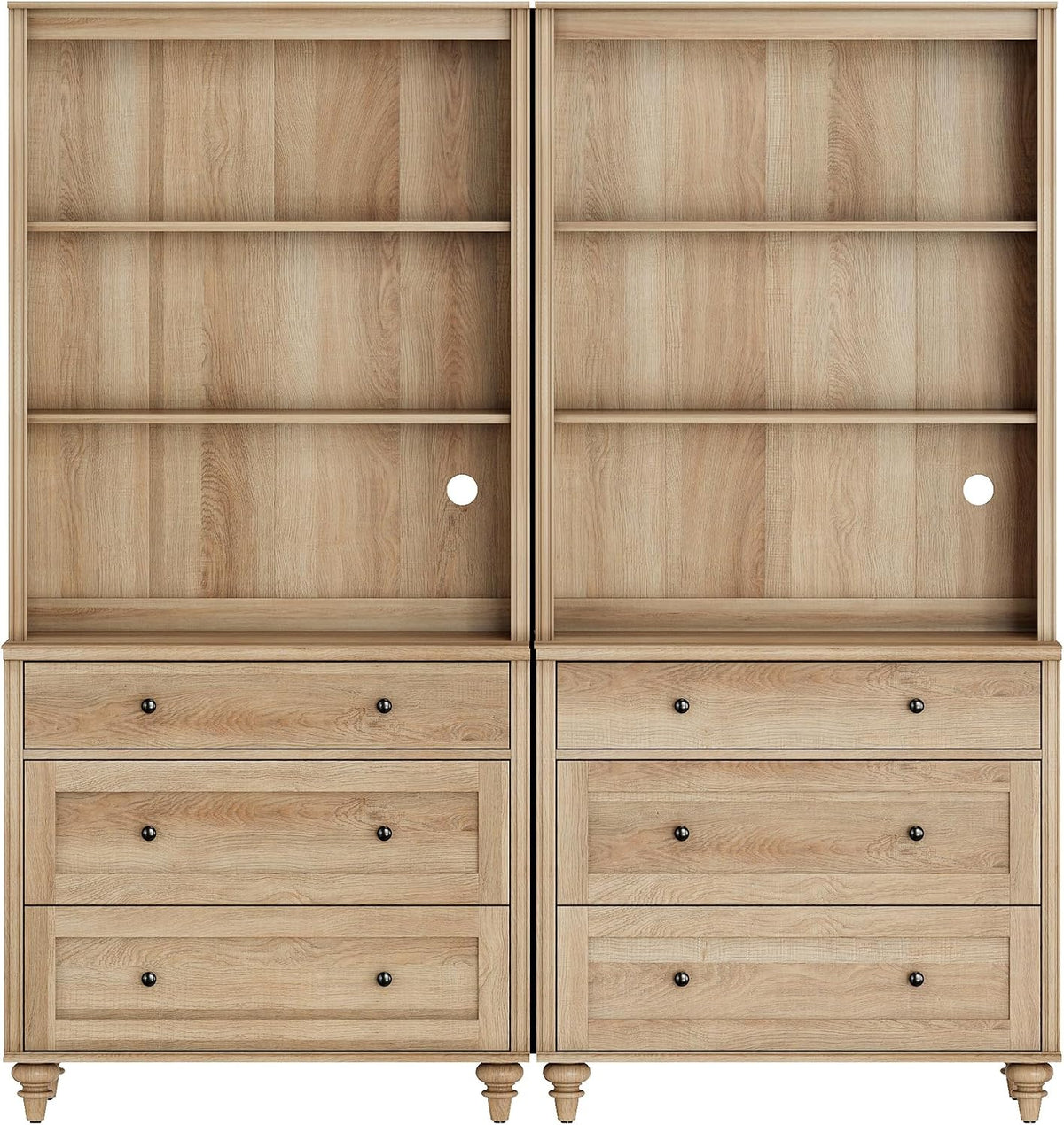 WAMPAT 3 Tier Bookshelf with 3 Drawers, 72' Tall Bookcase Large Farmhouse Display Book Case Shelf with 3-Tier Open Book Shelfs，Library Wood Bookshelves for Living Room,Kitchen, Oak(2PCS)