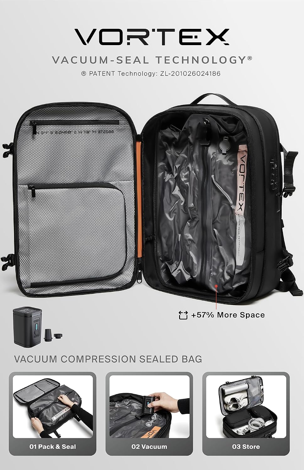 BlackVoyage Vortex Vacuum Seal Travel Backpack 60L Expandable Air Compression System Water Resistant TSA Lock Carry-On