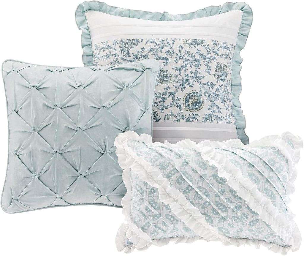 Madison Park Dawn 100% Cotton Duvet Set Floral Shabby Chic Design All Season Comforter Cover Bedding, Matching Shams, Percale Light Weight Bed Comforter Covers, Queen(90'x90'), Blue 9 Piece , Aqua
