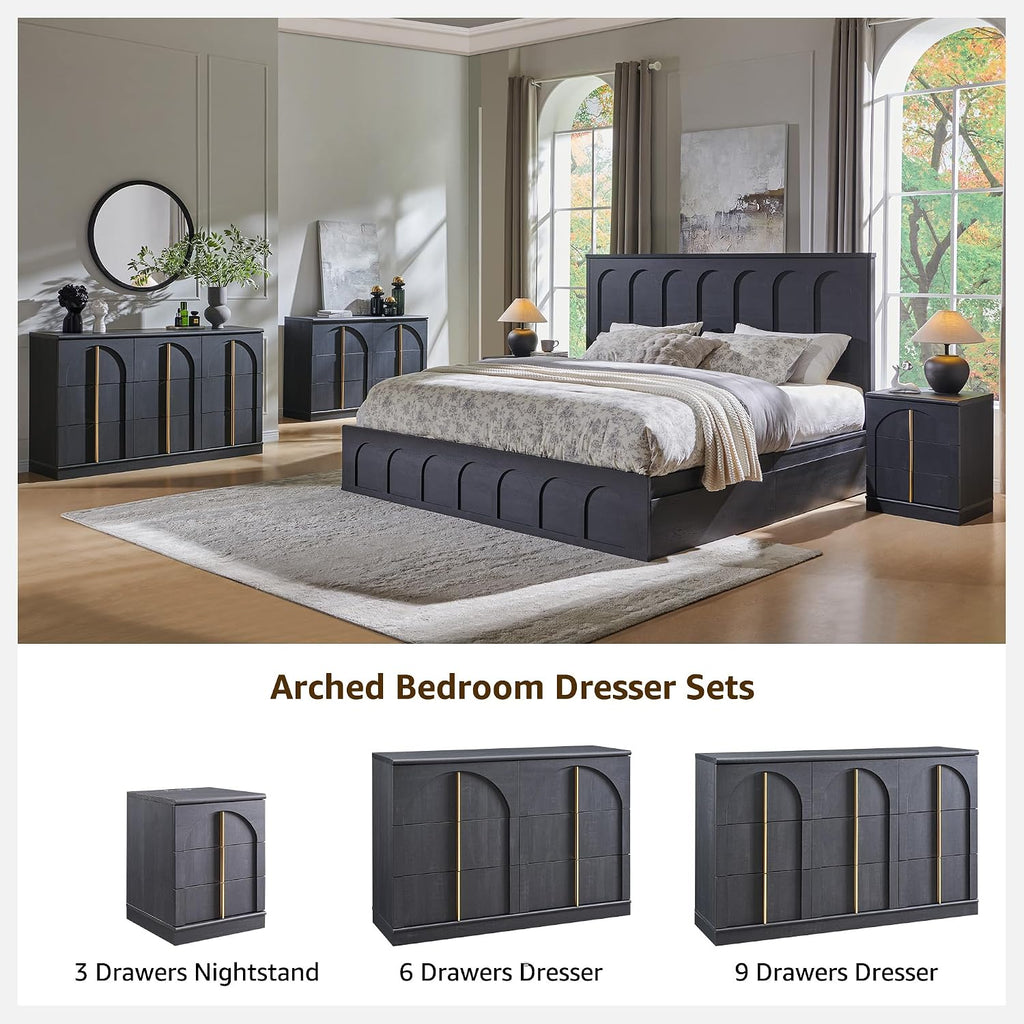 ACCOHOHO Modern King Size Bed Frame with 4 Drawers, 51' Tall Arched Recessed Headboard, Solid Wood Slats Support, Noise Free, No Box Spring Needed, Wood Platform, （Black）