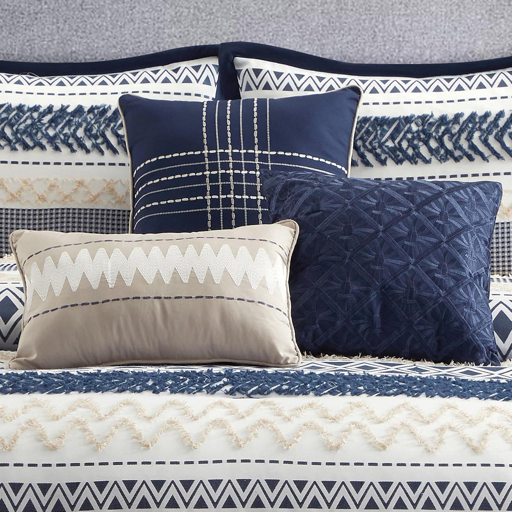 LANCO MODERN LIFESTYLE King Size Comforter Set 7 Piece, Navy, Waffle Clipping and Sateen Jacquard Weave, Soft and Lightweight Bedding Set for All Seasons, Bedskirt, Shams and Decor Pillows