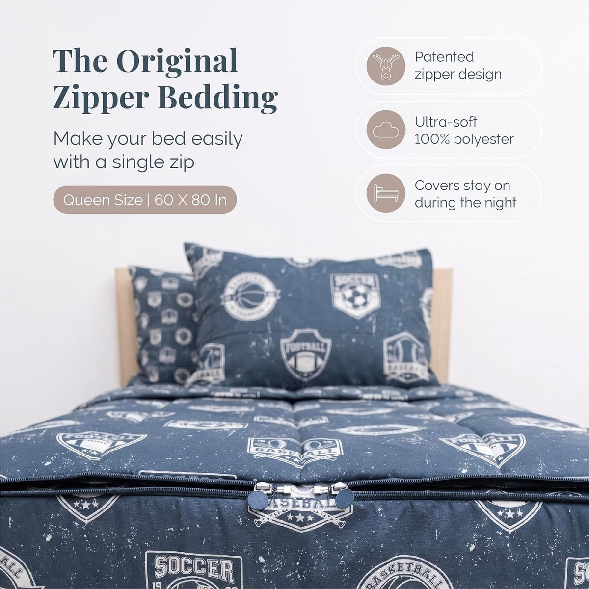 Beddy's Sports Theme Durable Zipper Bedding for Kids - Bed in a Bag - Blue Sheets with Baseball, Football, Basketball, Soccer Comforter - Includes Pillowcase & Sham - Easy to Make & Wash - Queen