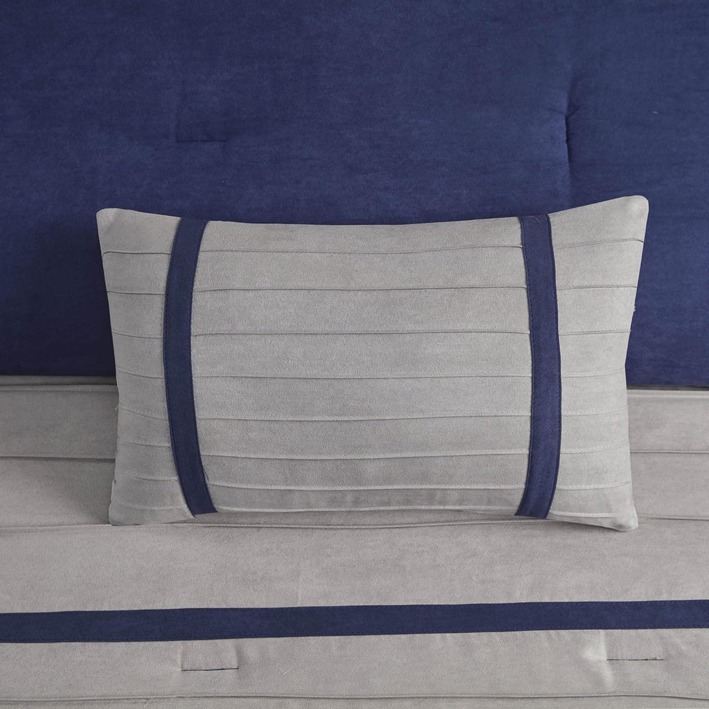 Madison Park Palmer Comforter Set-Luxury Faux Suede Design, Striped Accent, All Season Down Alternative Bedding, Matching Shams, Decorative Pillow, Bed Skirt, King (104 in x 92 in), Blue 7 Piece