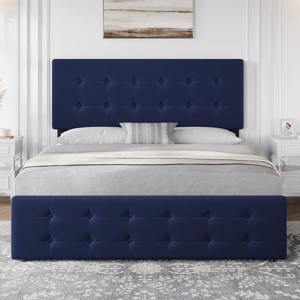 GarveeHome Queen Size Bed Frame with 4 Storage Drawers and Velvet Upholstered Headboard, Wooden Slats Support, Button Tufted Design, No Box Spring Needed, Blue