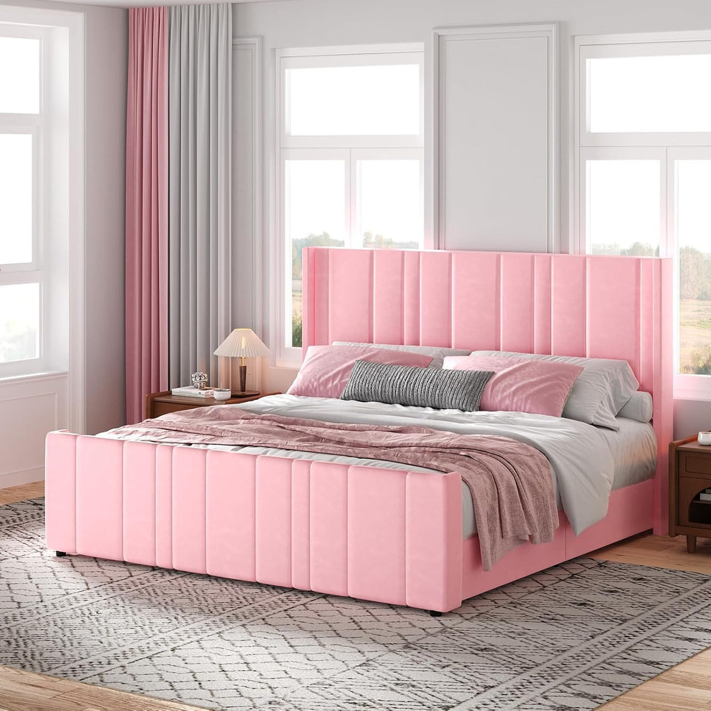 HOMBCK King Size Bed Frame and Headboard, Upholstered Bed with Vertical Channel Tufted Headboard & Footboard, Wooden Slats/Noise Free/No Box Spring Needed/Easy Assembly, Pink