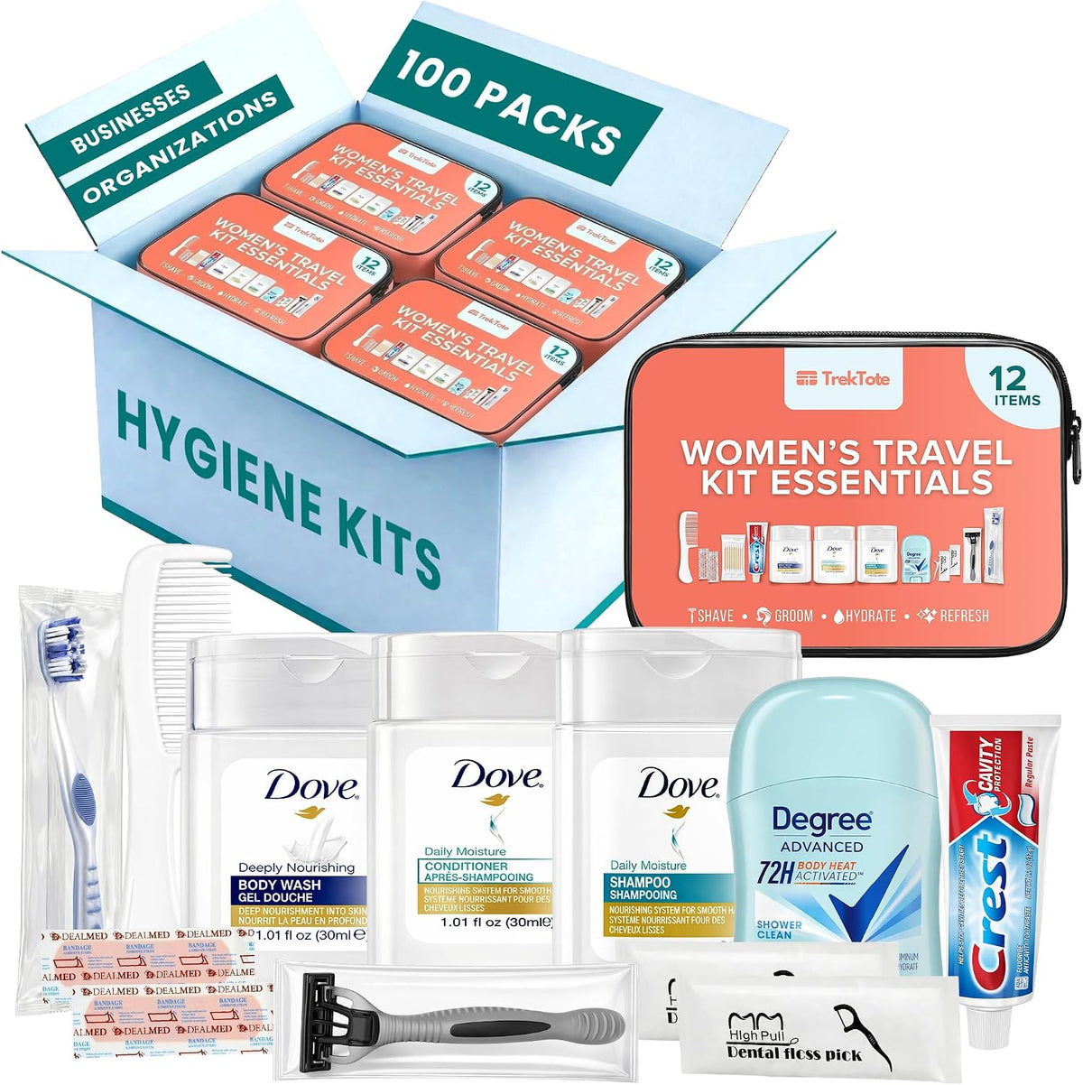 Women's 12 Piece Travel Hygiene Kit, Travel Size Toiletries Set with Cosmetic Bag, Carry On Essentials for Flights, Weekend Overnight Stay, Emergency Kit (100 Pack)