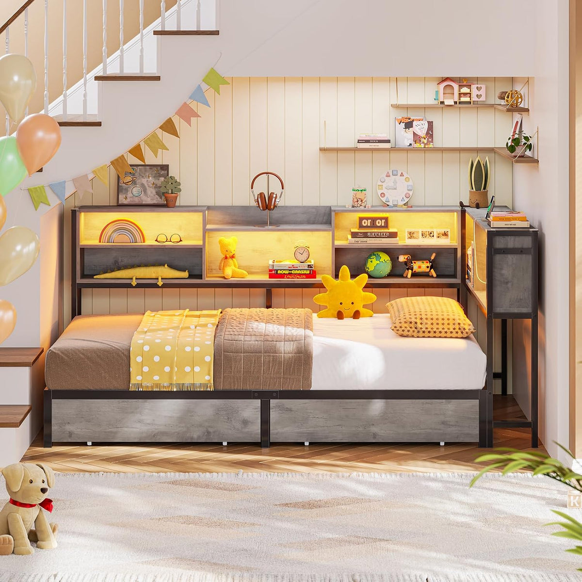 Hasuit Corner Bed Frame Twin XL with 2 Drawers and Storage Bookcase, Daybed with Charging Station and LED Lights, Metal Platform Bed with Bookshleves,Twin XL Bed Frame for Kids Teens Guests, Oak Gray