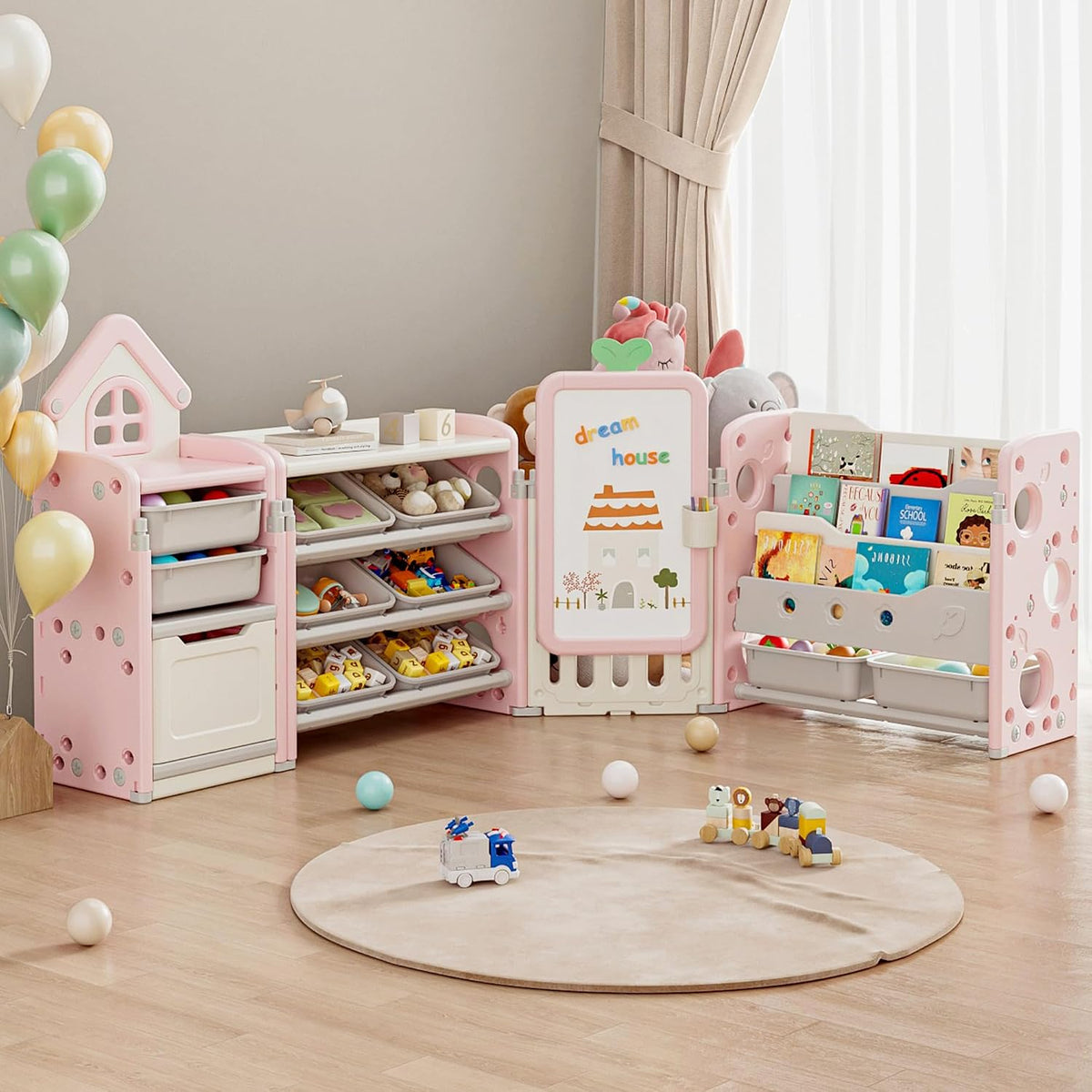DEYGIA Foldable Kids Toy Storage Organizer with 10 Removable Bins and 3-Tier Bookshelf, 4 in 1 Multifunctional Large Toy Organizer with Drawing Board for Kid Bedroom Playroom Living Room, Light Pink