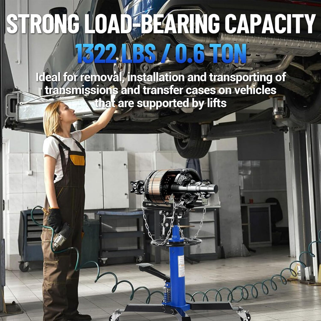 1322Lb Heavy Duty Transmission Jack, 33.5'-69' High Lift Hydraulic Telescoping Transmission Jack, 2-Stage Telescopic Transmission Stand with Foot Pedal & 360° Swivel Wheel, Blue