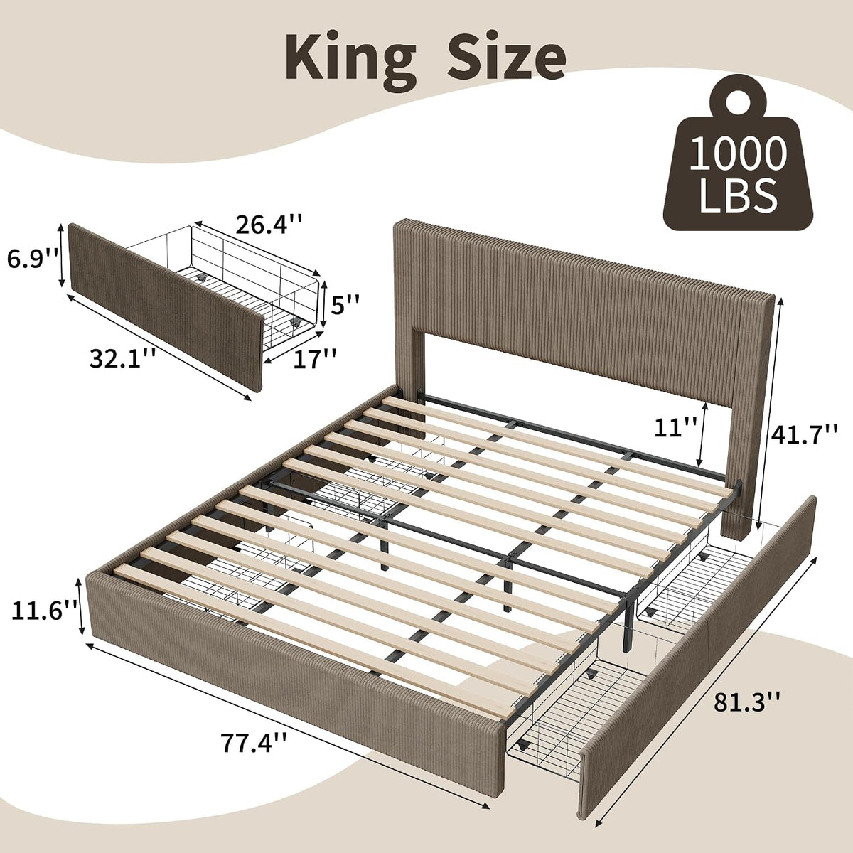Garvee Corduroy Bed Frame with Headboard, Platform Upholstered King Size Bed Frame with 4 Storage Drawers and Wooden Slats Support, No Box Spring Needed, Brown