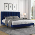 Allewie King Platform Bed Frame/Velvet Upholstered Bed Frame with Vertical Channel Tufted Headboard/Strong Wooden Slats/Mattress Foundation/Box Spring Optional/Easy Assembly/Navy Blue