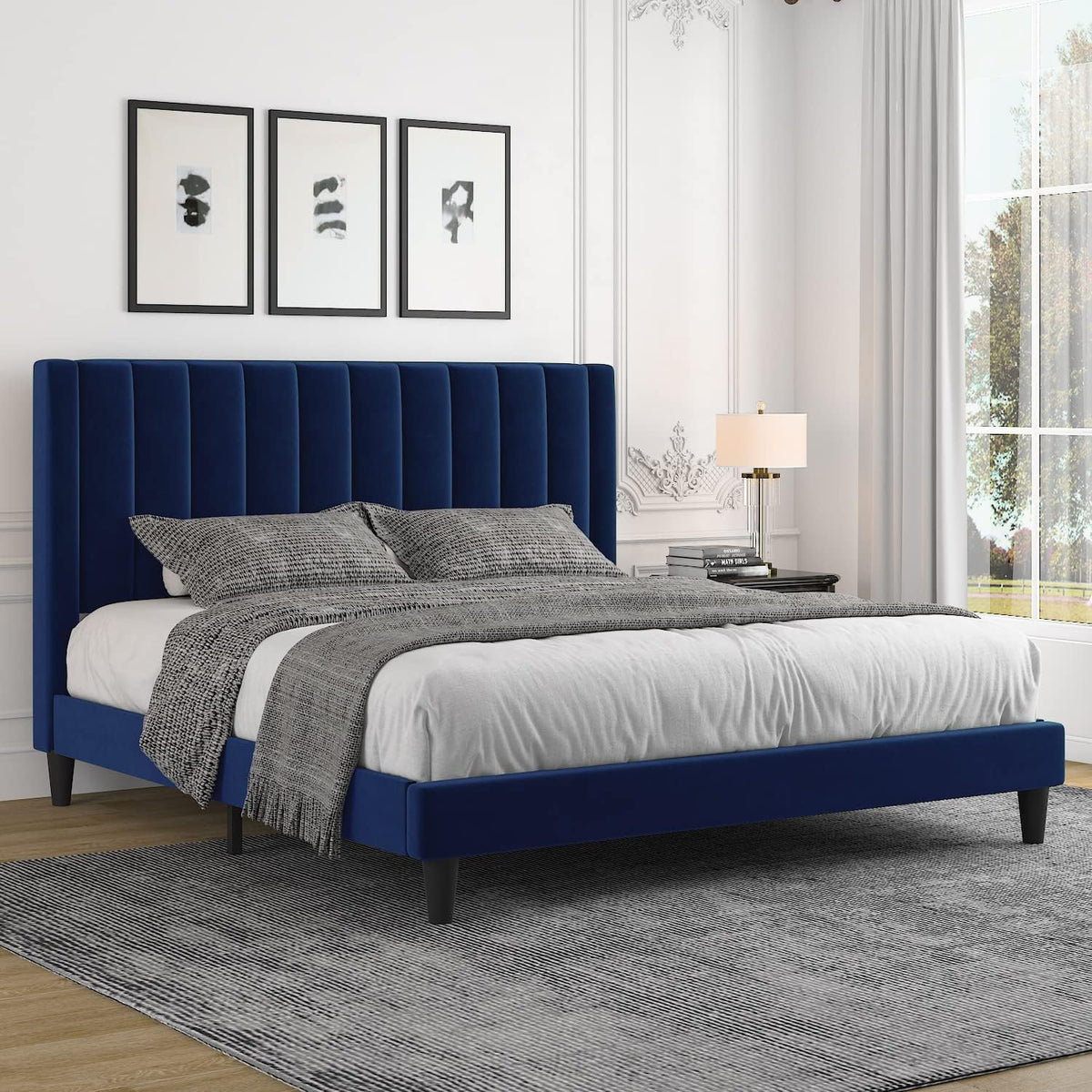 Allewie King Platform Bed Frame/Velvet Upholstered Bed Frame with Vertical Channel Tufted Headboard/Strong Wooden Slats/Mattress Foundation/Box Spring Optional/Easy Assembly/Navy Blue