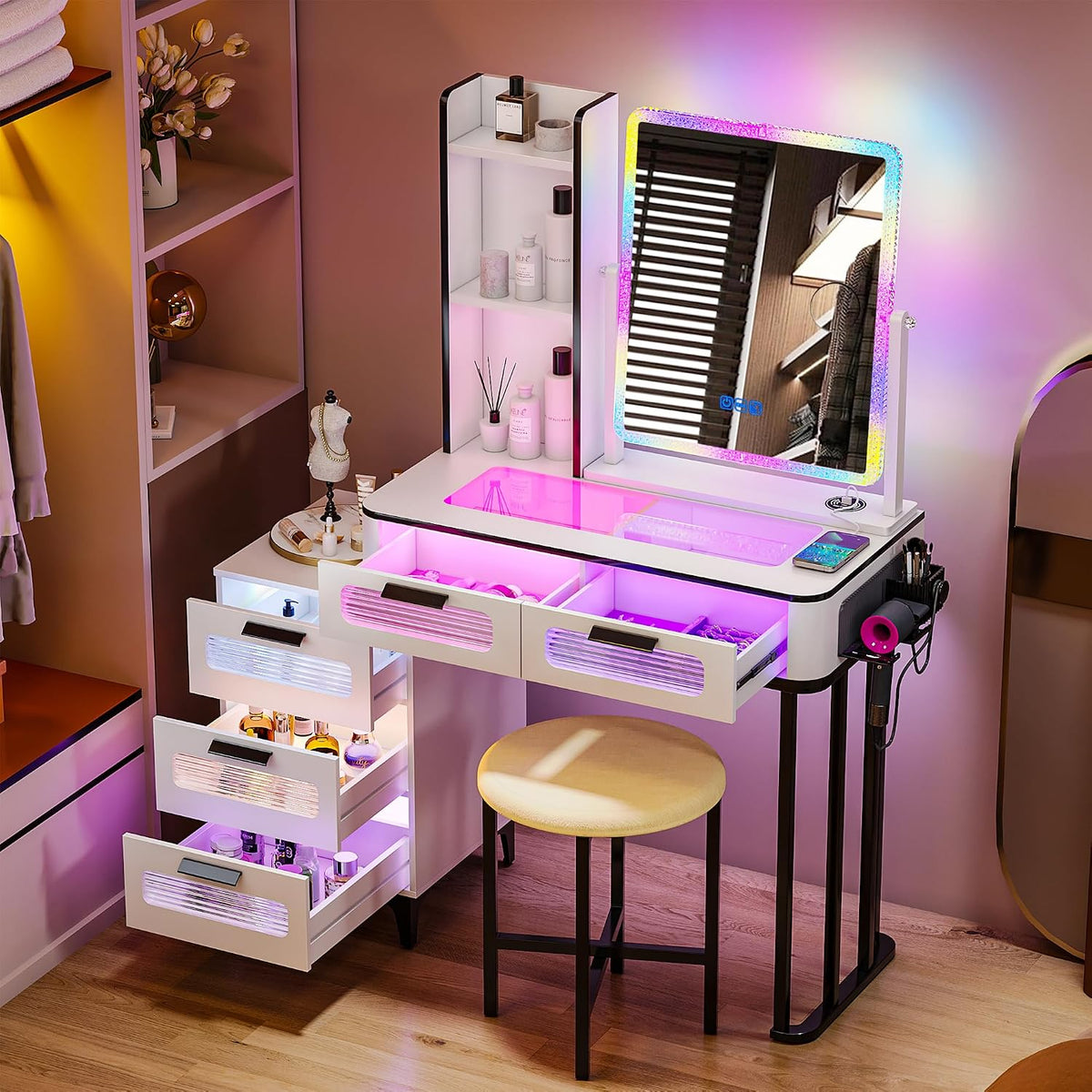 Gurexl RGB Makeup Vanity Desk with Wireless Charging Station, LED Vanity Make up Set with Visible Desktop,7 Dynamic and 7 Static Dimmable Vanity Table Set with Stool & 6 Drawers, Gift for Little Girls