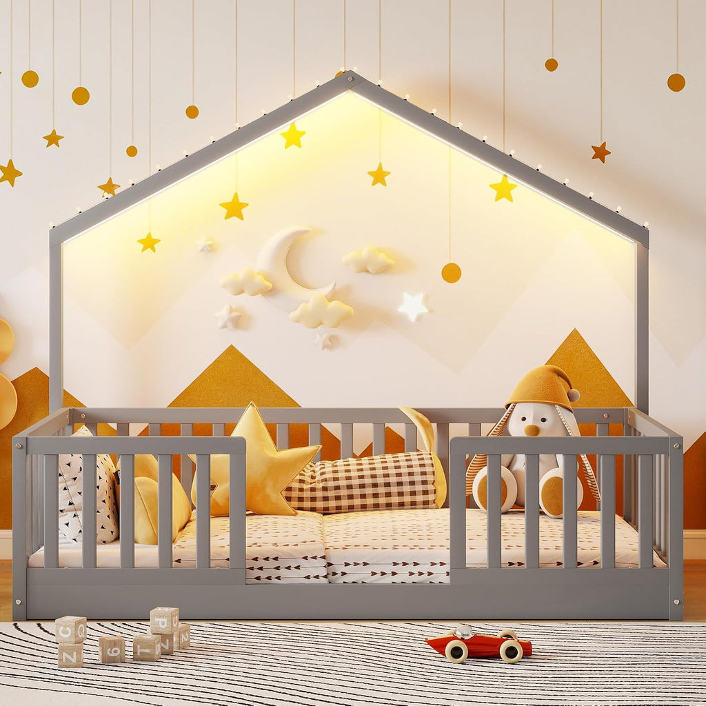 Twin Size House Bed for Kids, Low Profile Montessori Bed Twin with High Railings, Wood House Shape Montessori Beds with Light & Roof for Kids, Gray