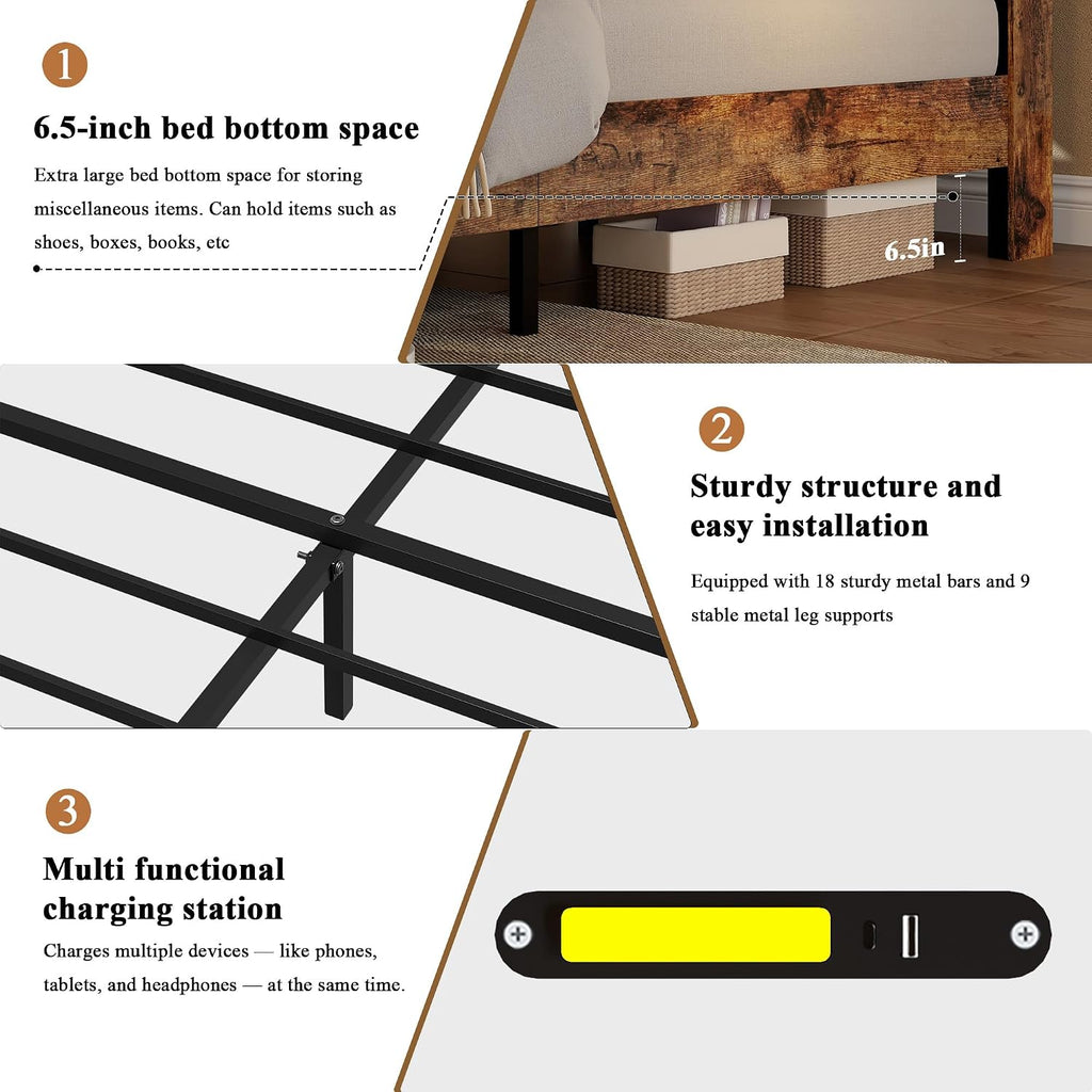 Farmhouse Queen Size Bed Frame with Storage Headboard, Wooden Platform Bed Frame with LED Lights & Charging Station, Rustic Brown Metal Bed, No Box Spring Needed, Noise-Free Sturdy Structure