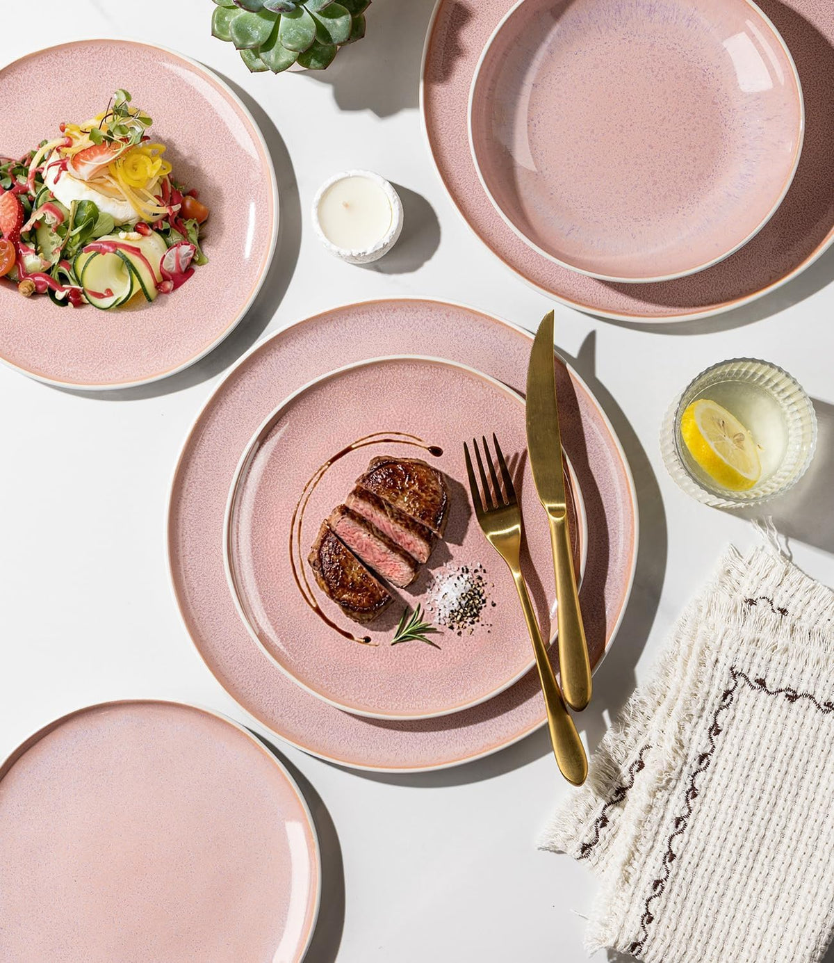 GBHOME Stoneware Dinnerware Sets for 6, 18 Pieces Rustic Ceramic Plates and Bowls Set, Handmade Reactive Glaze Plate Sets, Highly Chip Resistant Dishes, Microwave & Dishwasher Safe, Pink