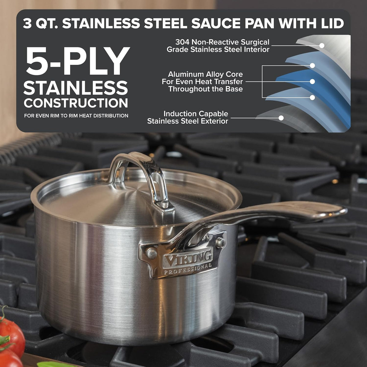 Viking 5-Ply Stainless Steel Sauce Pan with Lid, 3 Quart Cooking Pot, Dishwasher and Oven Safe, Induction Ready, Satin Finish