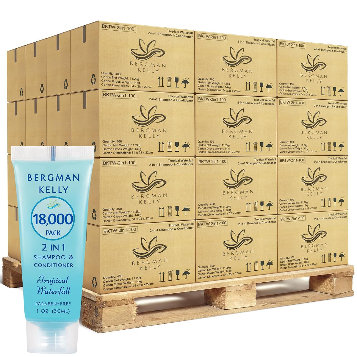 Bergman Kelly - Travel Size 2 in 1 Shampoo & Conditioner - 1 fl oz, 18000 PK, Tropical Waterfall - Delight Your Guests w/Invigorating & Refreshing Shampoo Amenities - Small Hotel Toiletries in Bulk