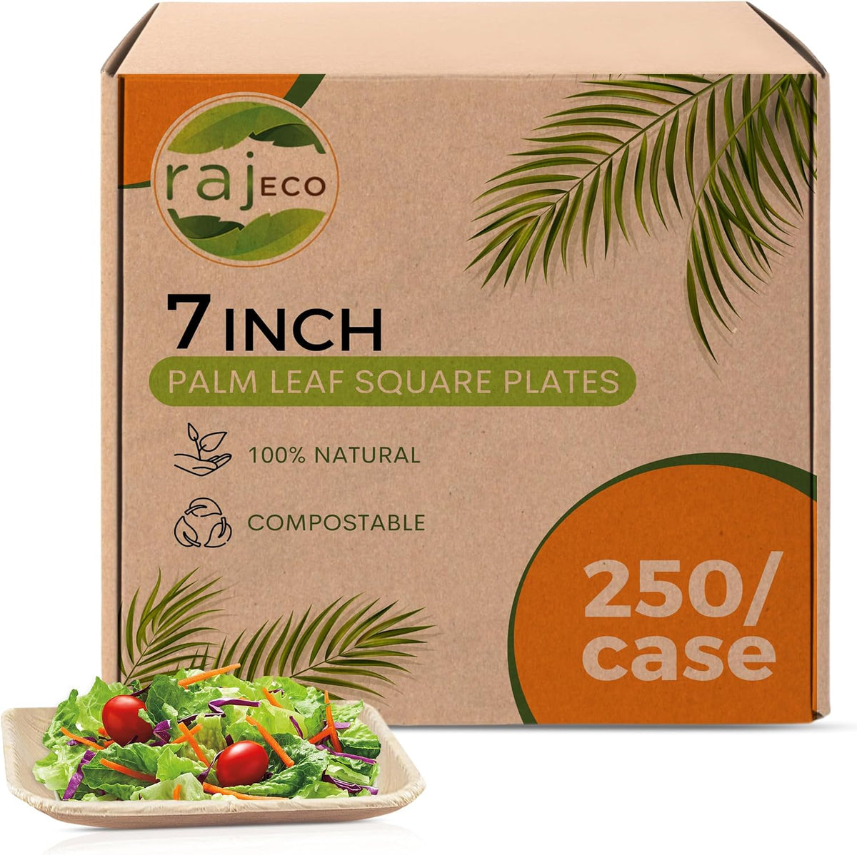 Raj Palm Leaf Plates Bulk [50-Pack] 7' Square Plates(5 CASES - 250 PACK) like Bamboo plates Disposable, Strong, Decorative Compostable Tableware for weddings, Lunch, Dinner, Birthday, Camping