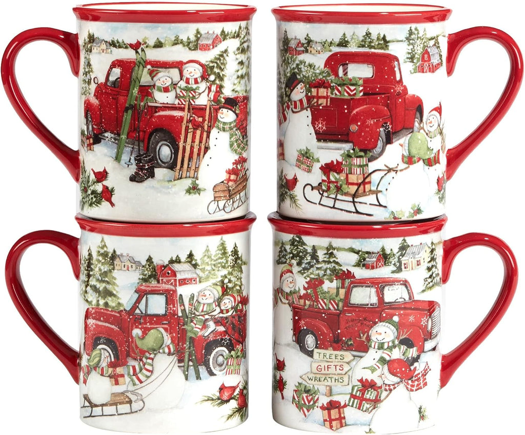 Red Truck Snowman 16 Pc Dinnerware Set Service for 4 Multi Color White Holiday Casual Modern Contemporary Square Piece Dishwasher Safe Microwave