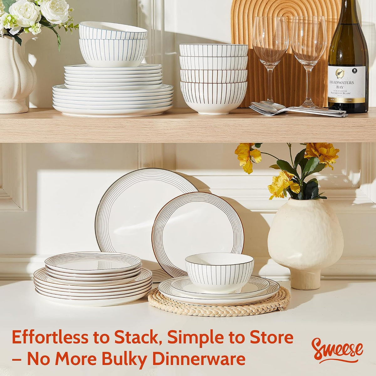 Sweese Lightweight Dinnerware Sets, Plates and Bowls Set for 6, 18 Pieces Stripe Dishes - Chip and Scratch Resistant, Microwave and Dishwasher Safe Porcelain Dinner Sets, Blue