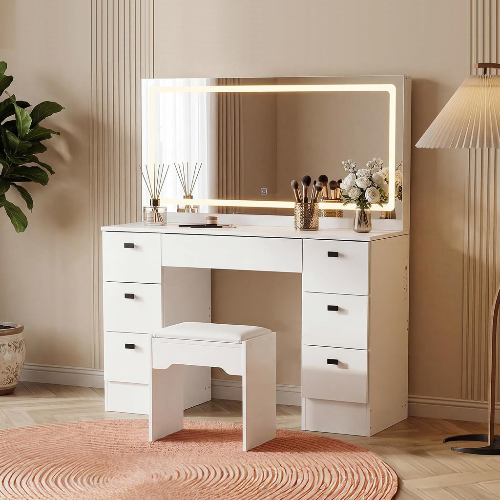 TUKAILAi 46.1' Large Vanity Desk with Mirror and LED Lights,7 Drawers & Power Outlet, White Modern Makeup Vanity Desk with PU Cushion Stool, Touch Control 3 Color Modes Dressing Table Set for Bedroom