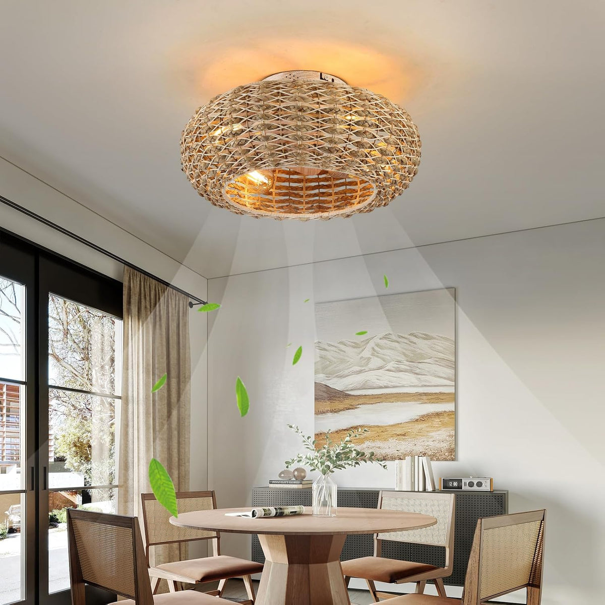 Boho Caged Ceiling Fans with Lights Flush Mount,Low Profile Ceiling Fan with Remote and APP,20 Inch Rattan Fan for Bedroom,6 Speeds Reversible Silent Fandalier (4 LED Bulb Include)…
