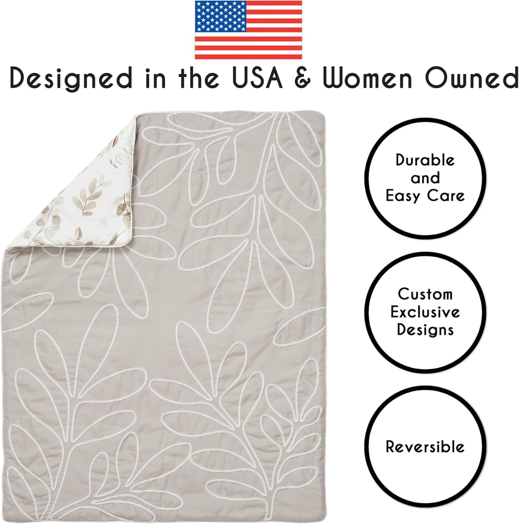 Sweet Jojo Designs 4-Piece Baby Crib Bedding Set (Woodland Boho Leaf) for Girls, Infants/Nursery incl. Blanket, Fitted Sheet, Skirt, Diaper Stacker (Neutral, Taupe, Linen, Botanical Floral, Farmhouse)