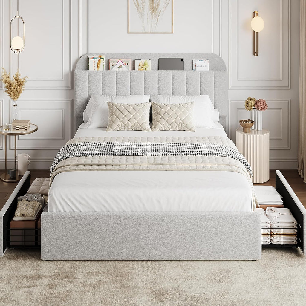 GarveeHome Queen Bed Frame with Storage Headboard, Girls Bed Frame with 2 Drawers, Boucle Upholstered Platform Bed with Bookcase, No Box Spring Needed, Easy Assembly, Grey