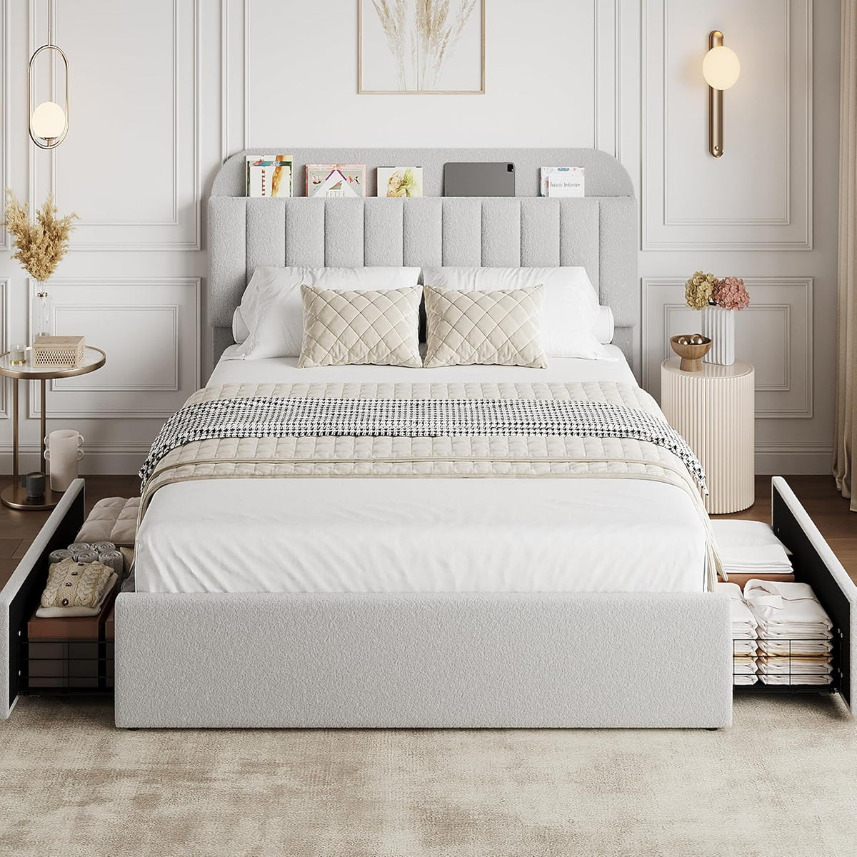 GarveeHome Queen Bed Frame with Storage Headboard, Girls Bed Frame with 2 Drawers, Boucle Upholstered Platform Bed with Bookcase, No Box Spring Needed, Easy Assembly, Grey