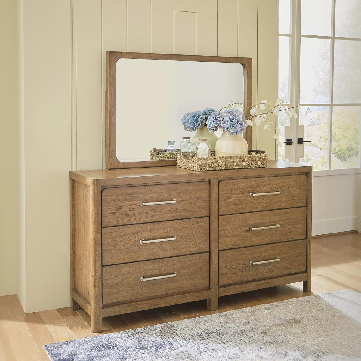 Signature Design by Ashley Cabalynn Modern 6-Drawer Dresser and Mirror with Safety Stop and Felt-Lined Top Drawer, Dark Brown