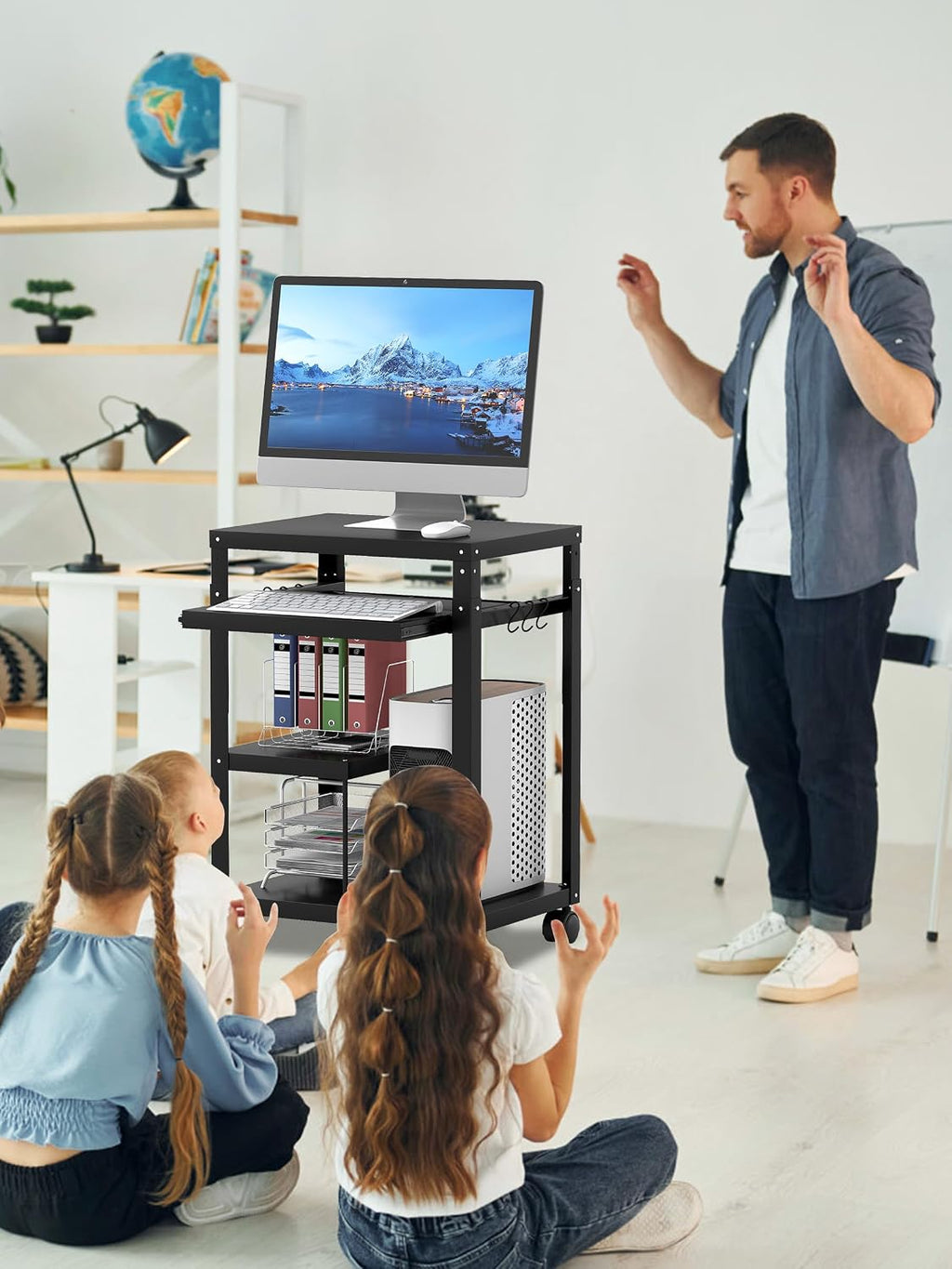 AV Presentation Cart with Keyboard Tray Mobile AV Cart Stand Metal Media Cart with Wheels for Projector Height Adjustable Computer Workstation Presentation Cart for School Classroom Office
