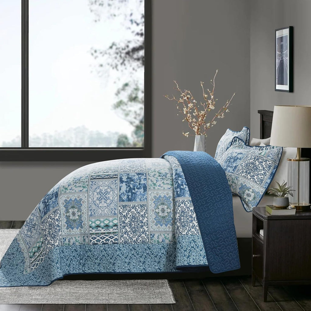 NEWLAKE Cotton Bedspread Quilt Sets-Reversible Patchwork Coverlet Set, Blue Classic Bohemian Pattern,California King Size