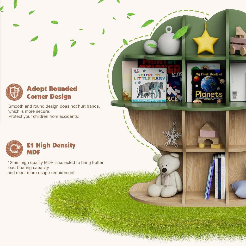 Green Tree Kids Bookshelf Toddler Bookcase 4-Tier Baby Book Rack Children Toy Storage Organizer Forest Wood Display Shelf for Nursery Playroom Bedroom Classroom School Homeschooling Boy Girl's Gift