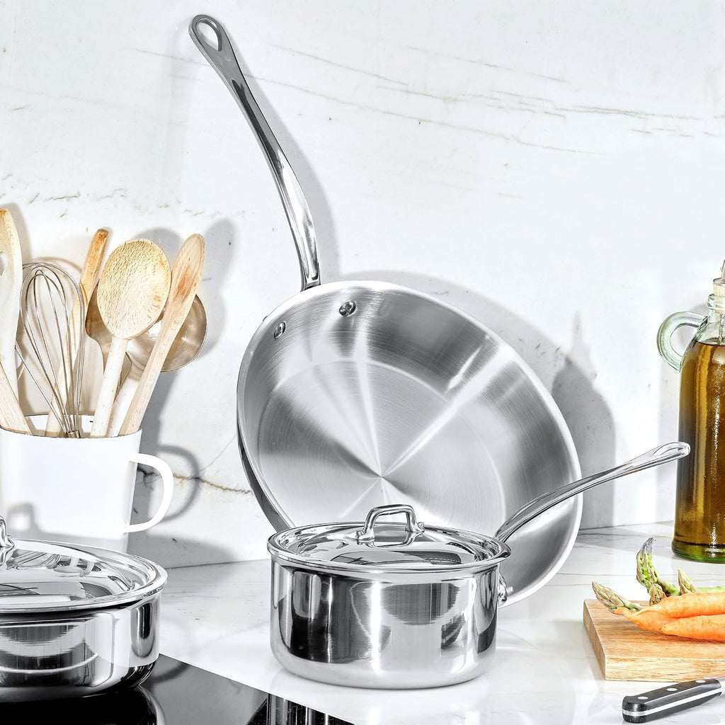 Mauviel M'Cook 5-Ply Polished Stainless Steel Rondeau/Braiser Pan With Lid, And Cast Stainless Steel Handles, 3.2-qt, Made In France