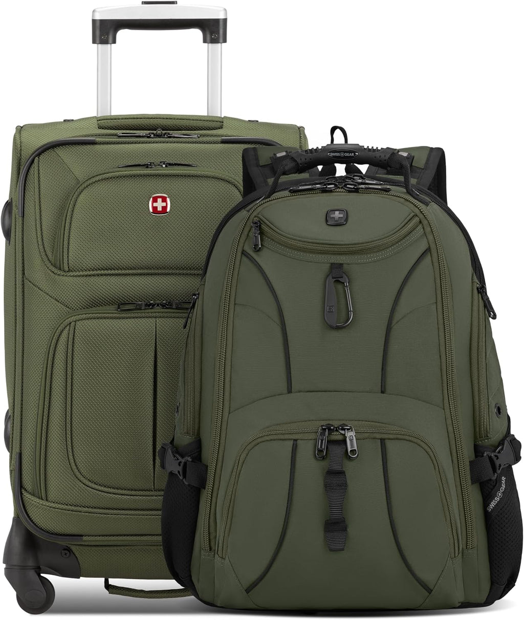 SWISSGEAR Sion 2-Piece Travel Set, Softside Expandable Carry-On Spinner Bundled with 1900 ScanSmart 17' Laptop Backpack with RFID Blocking & Tech Organization, Evergreen