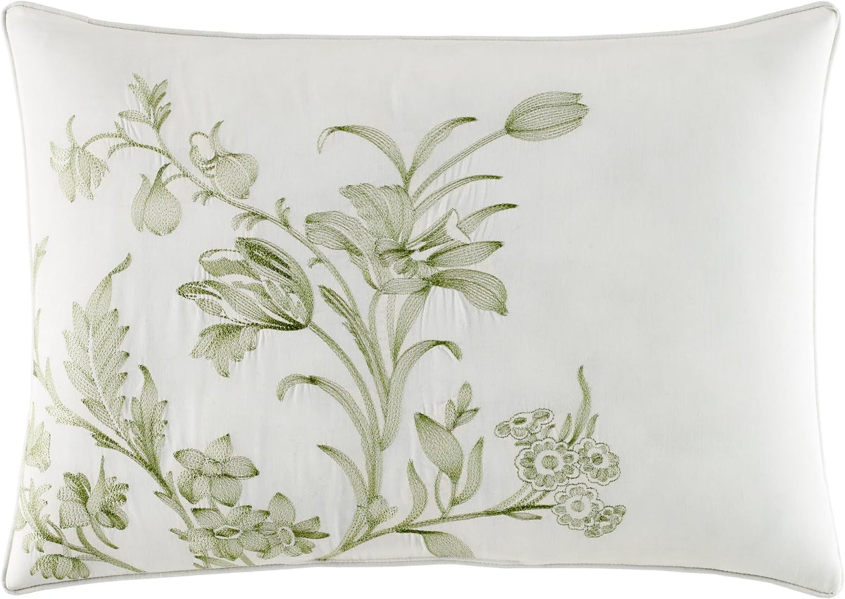 Laura Ashley - Queen Size Bonus Comforter Set, Reversible Cotton Bedding, Includes Matching Shams with Bonus Euro Shams & Throw Pillows (Natalie Green)