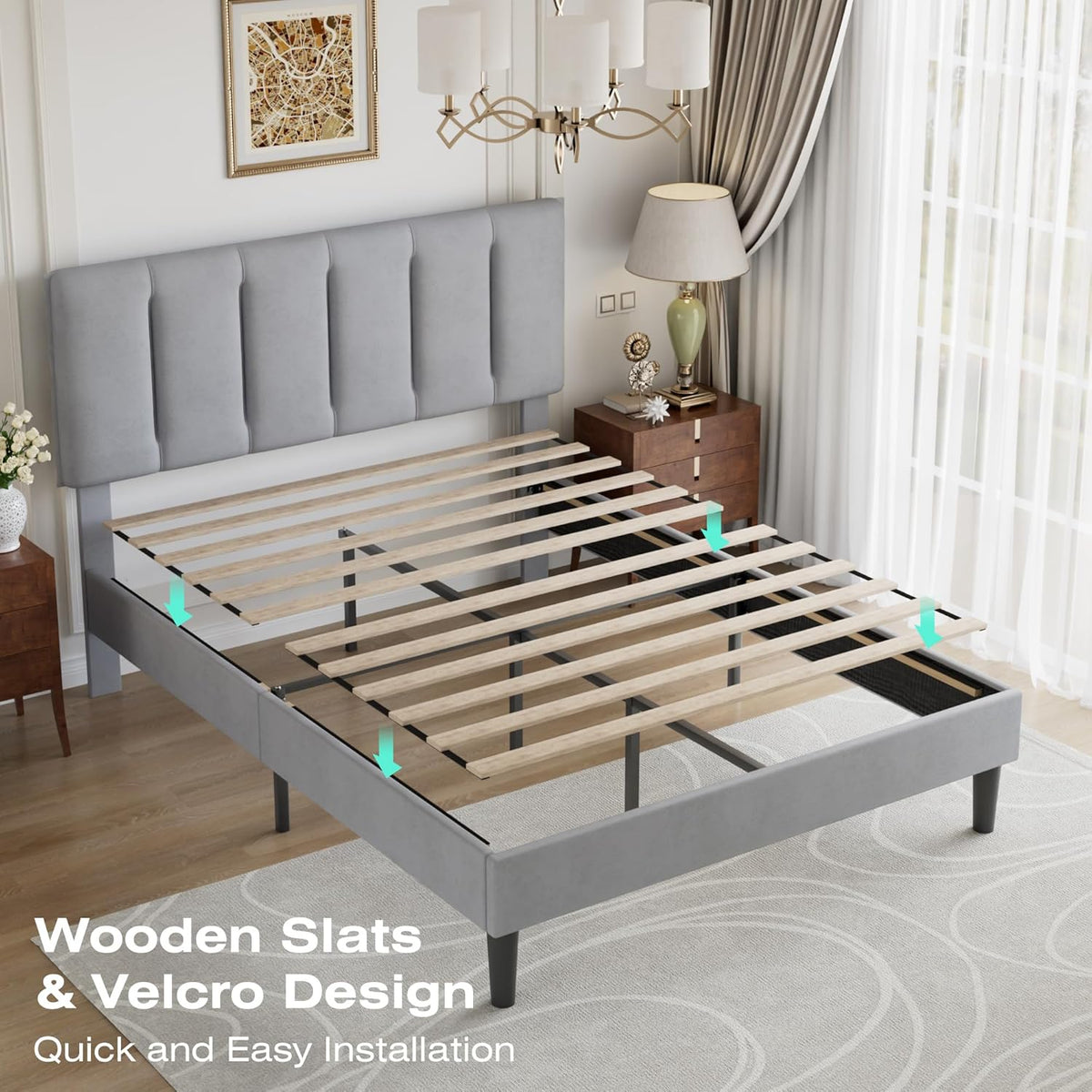 VECELO Full Bed Frame with Upholstered Headboard, Heavy-Duty Platform Bedframe with Strong Wooden Slats Support, No Boxing Spring Needed, Light Grey