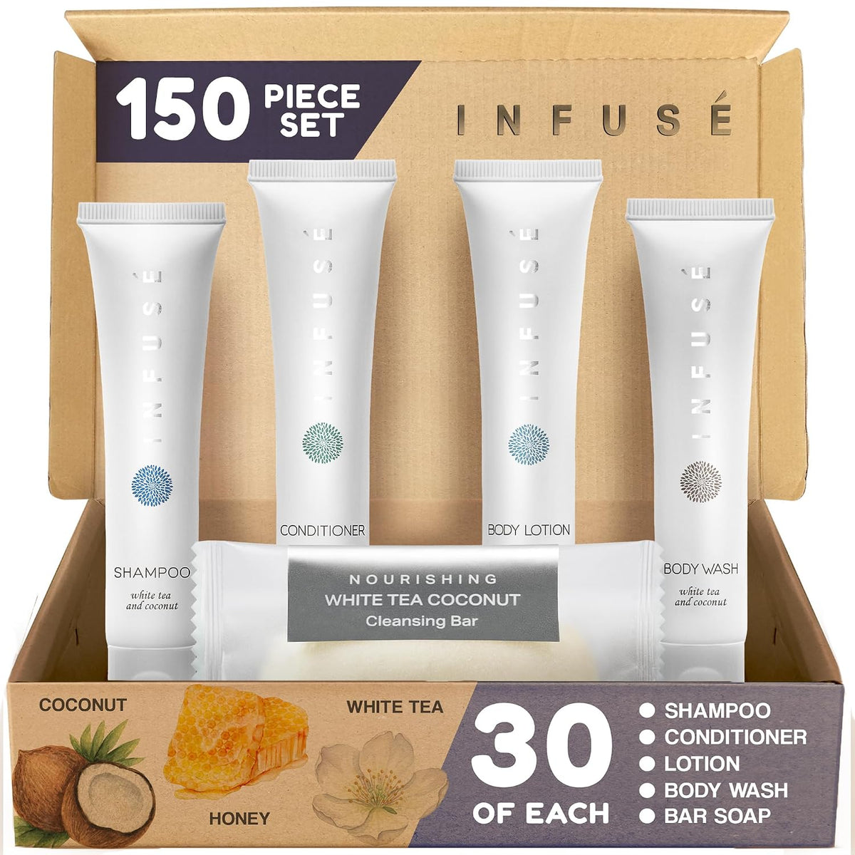 Infuse Pure White Tea and Coconut Hotel Soaps and Toiletries Bulk Set | 1-Shoppe All-In-Kit for Airbnb | 1oz Shampoo & Conditioner, Body Wash, Lotion & 1.25oz Bar Soap | Travel Size 150 Pieces